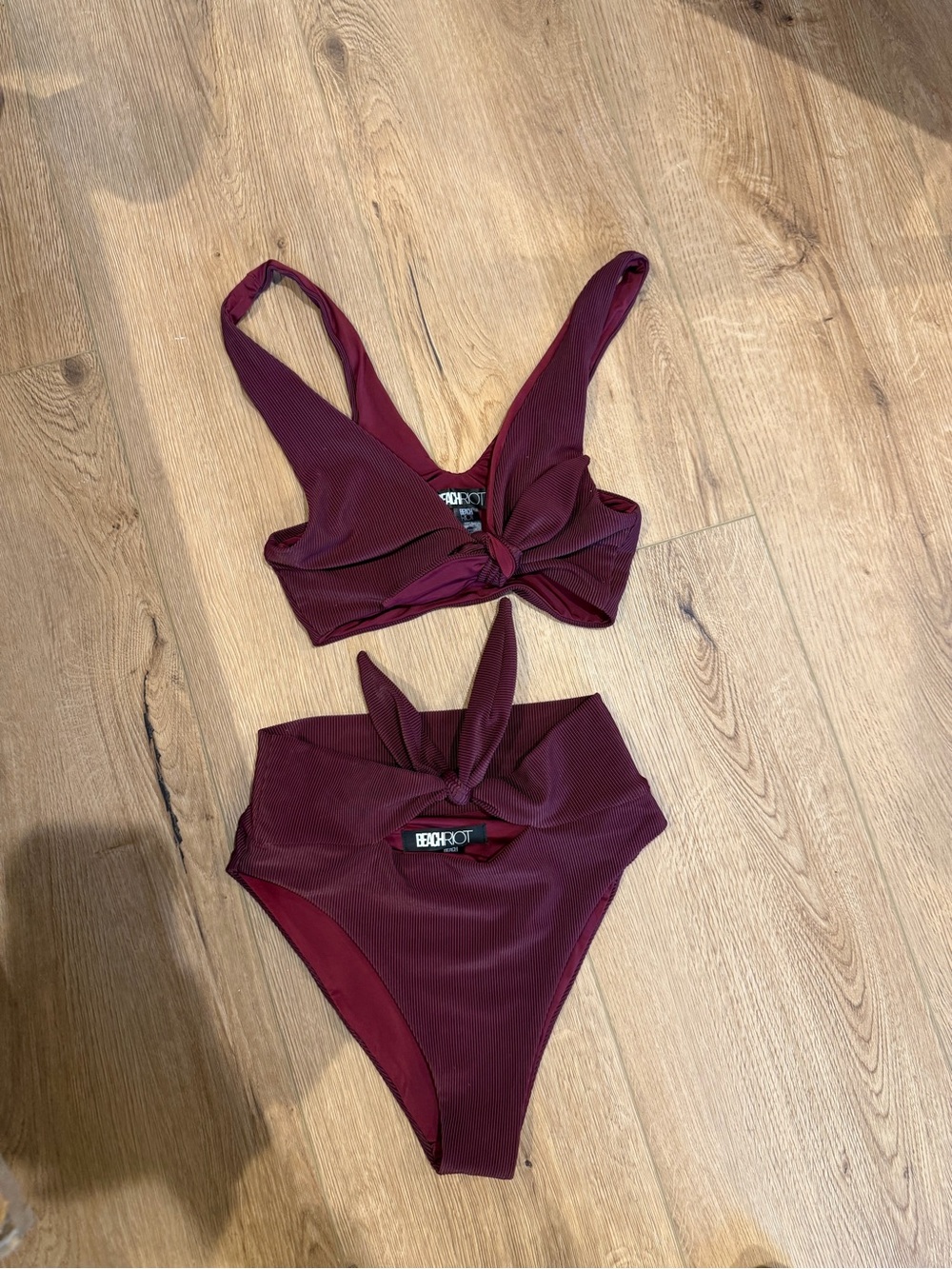 Beach Riot Ribbed Knot-Front Bikini in Deep Wine Dallas free people